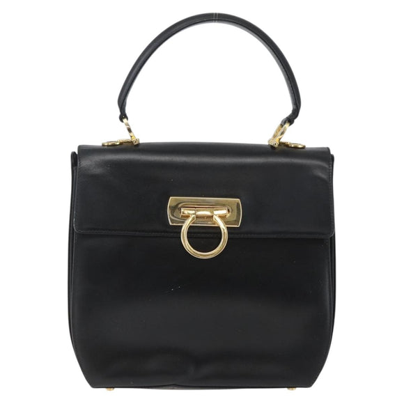 Salvatore Ferragamo Gancini Hand Bag Leather Black Gold Auth 164903
