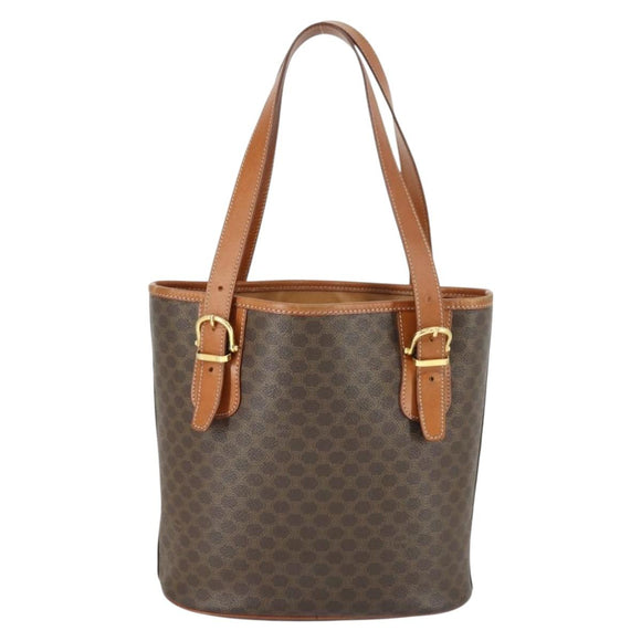 CELINE Macadam Canvas Tote Bag PVC Leather Brown Gold Auth 164910