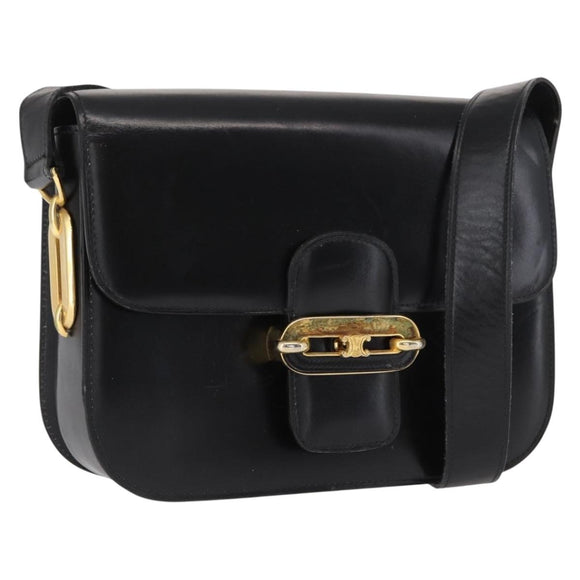 CELINE Shoulder Bag Leather Black Gold Auth 164937