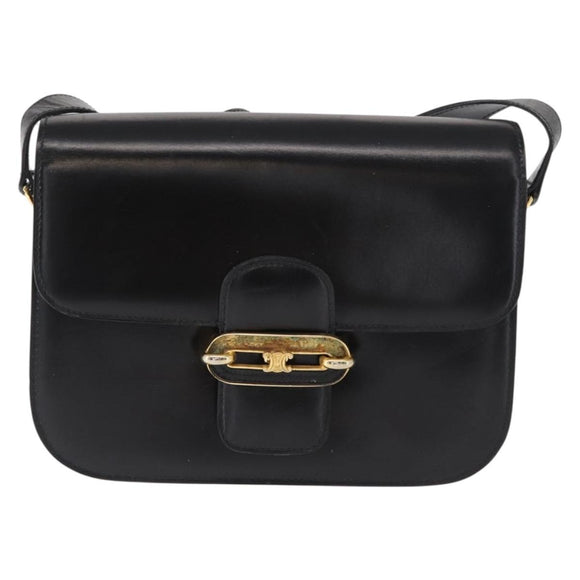 CELINE Shoulder Bag Leather Black Gold Auth 164937