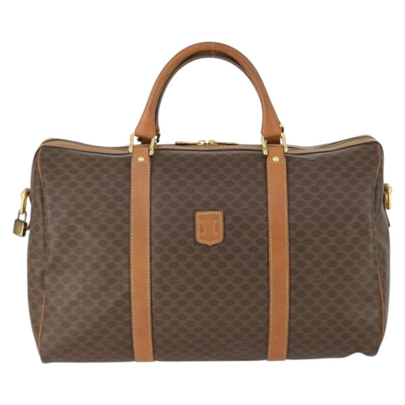 CELINE Macadam Canvas Boston Bag PVC Leather Brown Gold Auth 164941