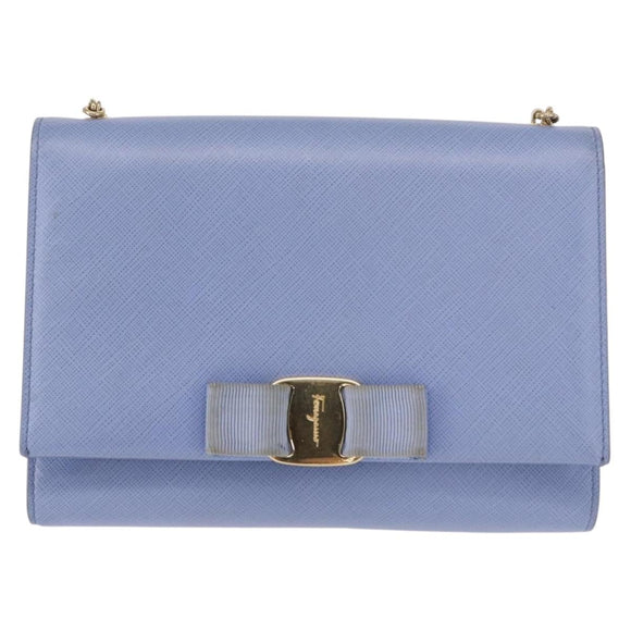 Salvatore Ferragamo Vala Chain Shoulder Bag Leather Blue Gold Auth 164943