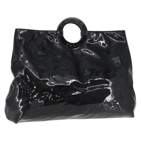 CELINE Circle Hand Bag Patent leather Black Silver Auth 164952