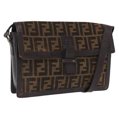FENDI Zucca Canvas Shoulder Bag Black Brown Auth 164963