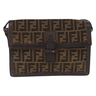 FENDI Zucca Canvas Shoulder Bag Black Brown Auth 164963 - 0