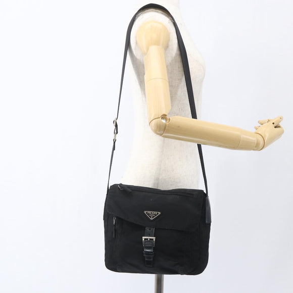 PRADA Shoulder Bag Nylon Black Silver Auth 164965