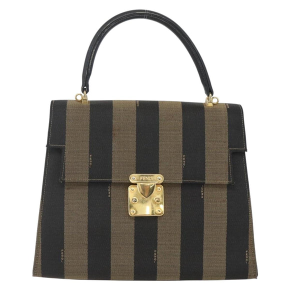 FENDI Pecan Canvas Hand Bag Black Brown gold Auth 165003