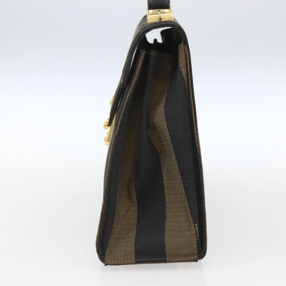FENDI Pecan Canvas Hand Bag Black Brown gold Auth 165003