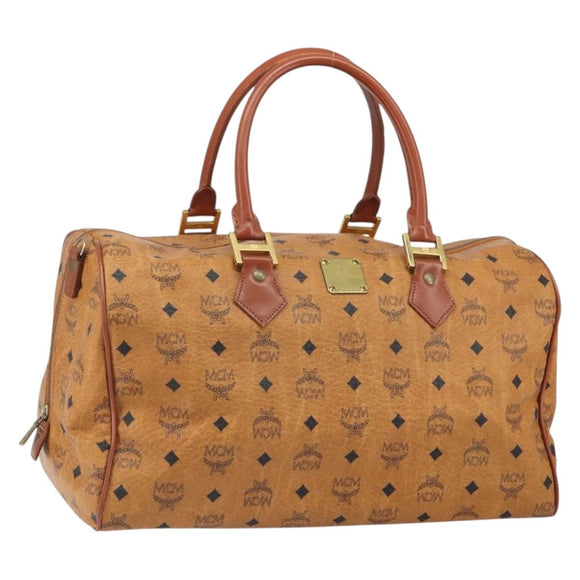 MCM Vicetos Logogram Boston Bag PVC Leather Brown Gold Auth 165012