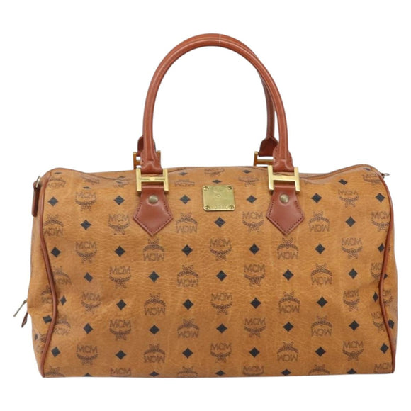 MCM Vicetos Logogram Boston Bag PVC Leather Brown Gold Auth 165012