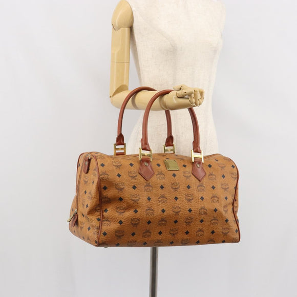 MCM Vicetos Logogram Boston Bag PVC Leather Brown Gold Auth 165012