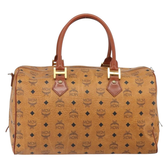 MCM Vicetos Logogram Boston Bag PVC Leather Brown Gold Auth 165012