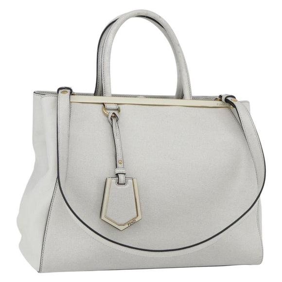 FENDI Hand Bag Leather 2way White Gold Auth 165027
