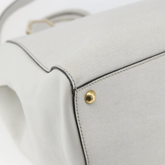 FENDI Hand Bag Leather 2way White Gold Auth 165027