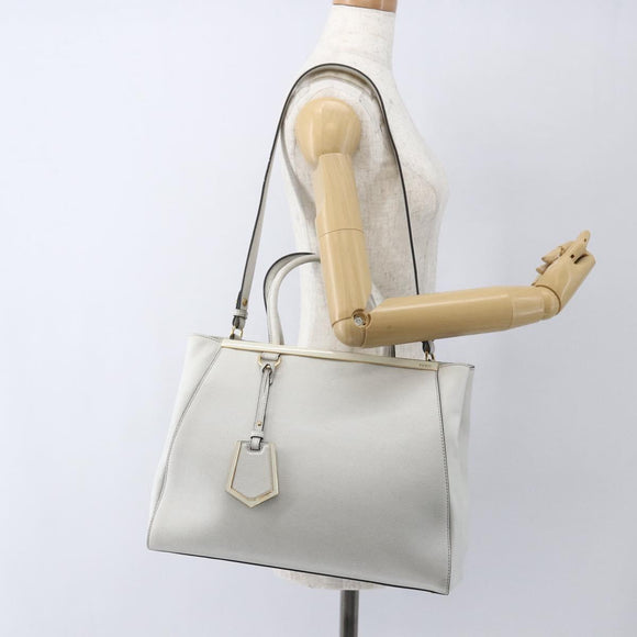 FENDI Hand Bag Leather 2way White Gold Auth 165027