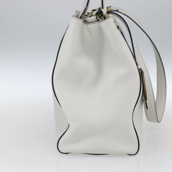 FENDI Hand Bag Leather 2way White Gold Auth 165027
