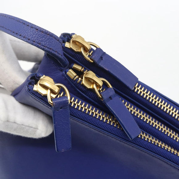 CELINE Trio Large Shoulder Bag Leather Blue Gold Auth 165038