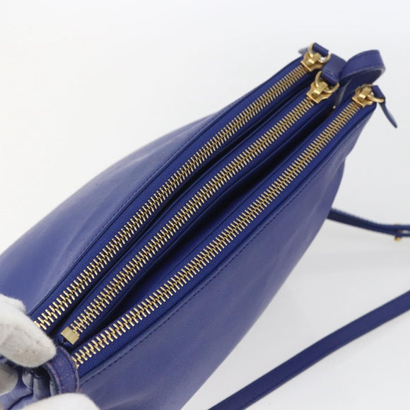 CELINE Trio Large Shoulder Bag Leather Blue Gold Auth 165038
