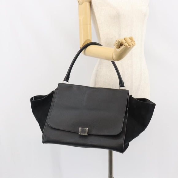 CELINE Trapeze Hand Bag Leather Suede Black Silver Auth 165042