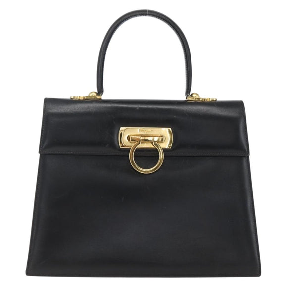 Salvatore Ferragamo Gancini Hand Bag Leather Black Gold Auth 165048