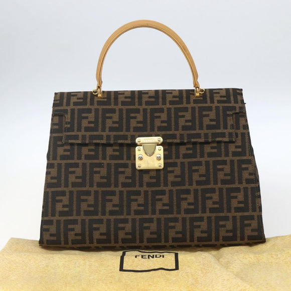FENDI Zucca Canvas Hand Bag Black Brown gold Auth 165065
