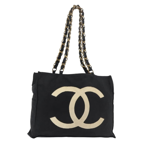 CHANEL COCO Mark Chain Tote Bag Nylon Black Gold CC Auth 165069