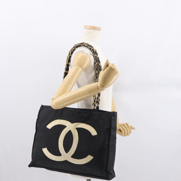CHANEL COCO Mark Chain Tote Bag Nylon Black Gold CC Auth 165069