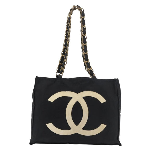 CHANEL COCO Mark Chain Tote Bag Nylon Black Gold CC Auth 165069