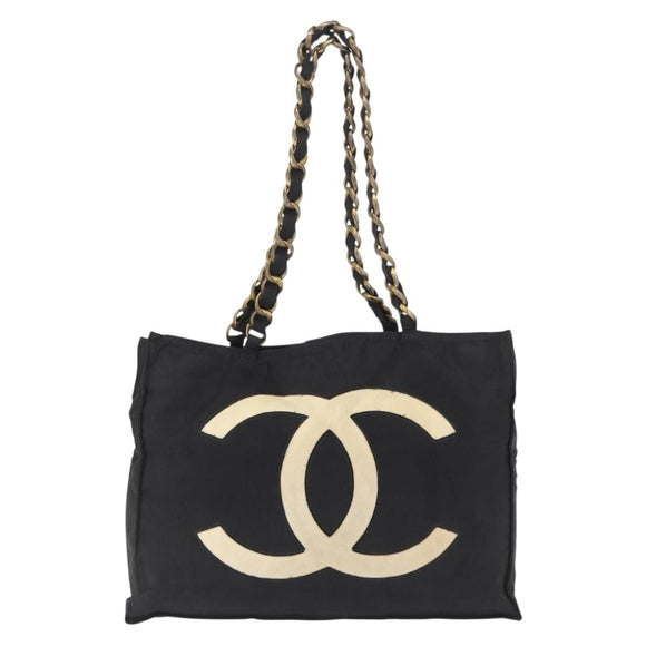 CHANEL COCO Mark Chain Tote Bag Nylon Black Gold CC Auth 165069