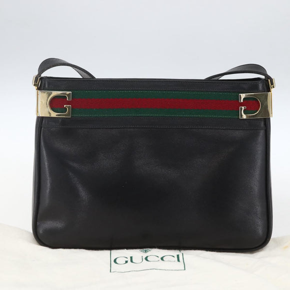 GUCCI Web Sherry Line Shoulder Bag Leather Black Red Green Auth 165070V
