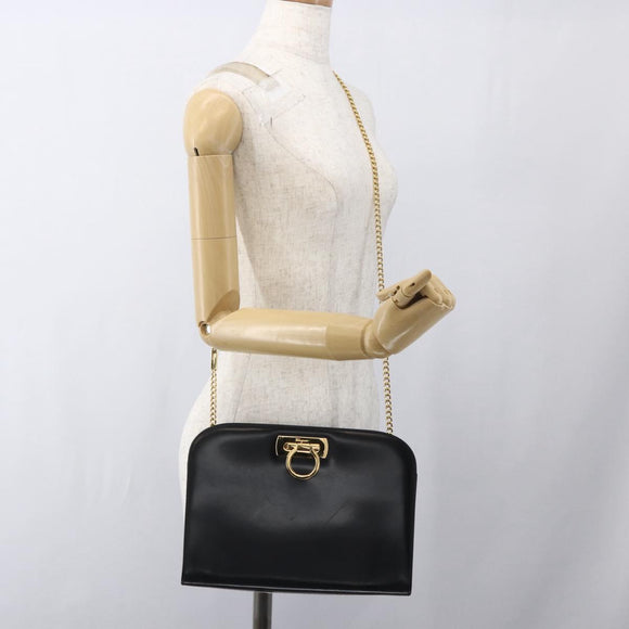 Salvatore Ferragamo Gancini Chain Shoulder Bag Leather Black Gold Auth 165071V