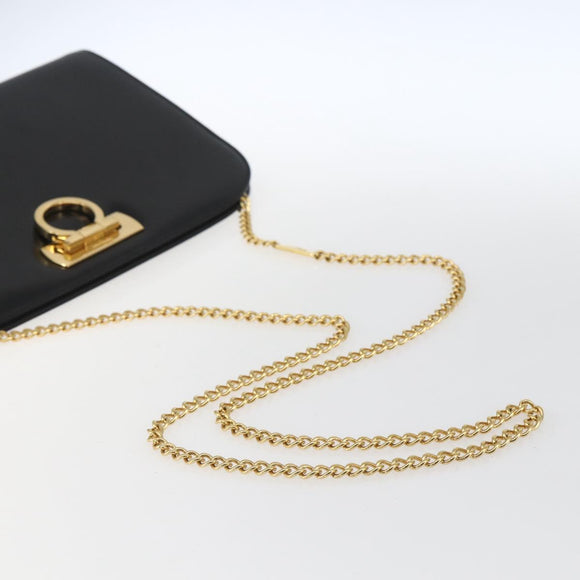 Salvatore Ferragamo Gancini Chain Shoulder Bag Leather Black Gold Auth 165071V