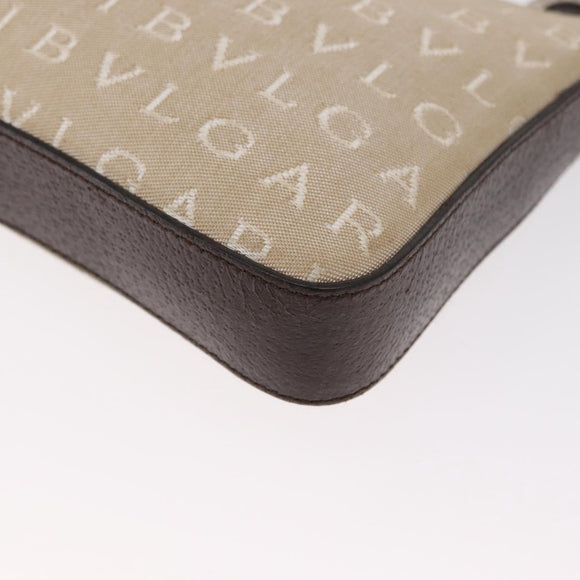 BVLGARI Logo Mania Hand Pouch Canvas Leather Beige Silver Auth 165077