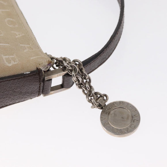 BVLGARI Logo Mania Hand Pouch Canvas Leather Beige Silver Auth 165077