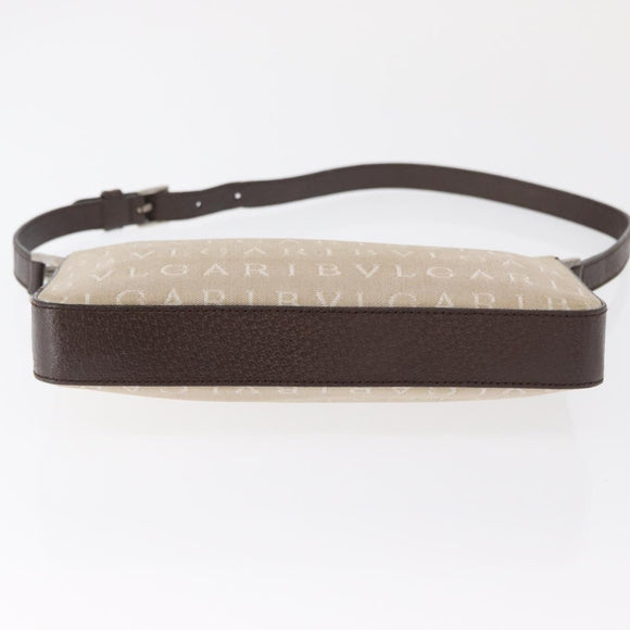BVLGARI Logo Mania Hand Pouch Canvas Leather Beige Silver Auth 165077