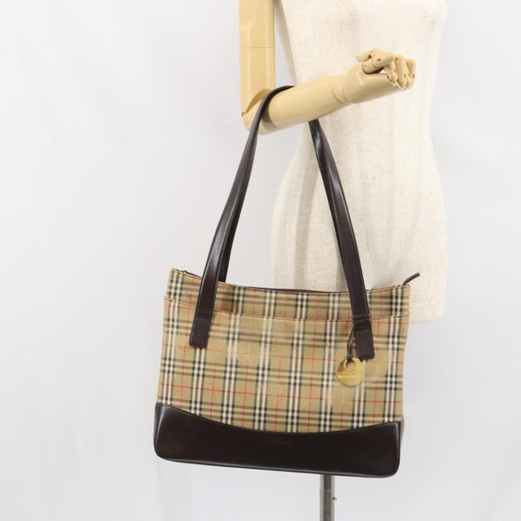 BURBERRY Nova Check Tote Bag Canvas Beige Gold Auth 165104