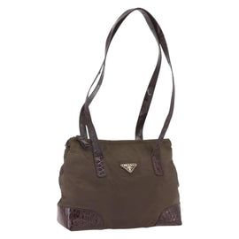 PRADA Shoulder Bag Nylon Embossed Leather Brown Auth 165114