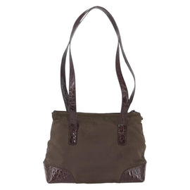 PRADA Shoulder Bag Nylon Embossed Leather Brown Auth 165114 - 0