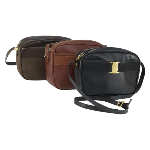 Salvatore Ferragamo Shoulder Bag Leather 3 Set Brown Black Auth 165121
