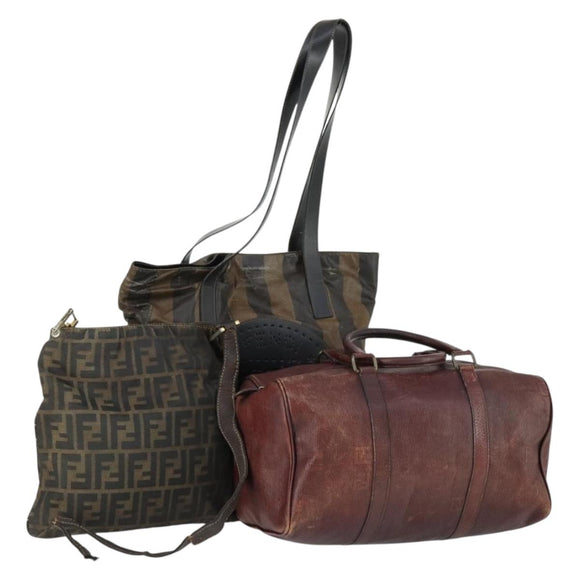 FENDI Pecan Canvas Zucca Canvas Hand Bag Leather 3 Set Brown Black Auth 165122