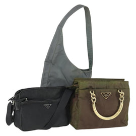 PRADA Shoulder Bag Nylon 3 Set Khaki Black Auth 165124