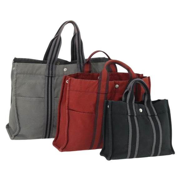 HERMES Fourre Tout Hand Bag Canvas 3 Set Gray Black Red Auth 165128