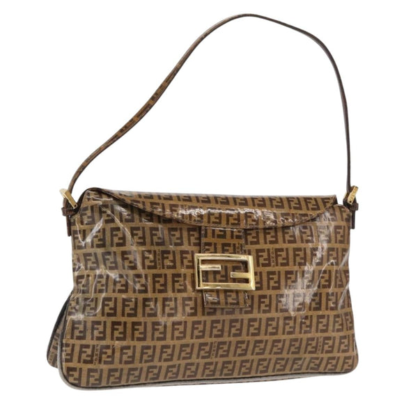 FENDI Zucchino Canvas Mamma Baguette Shoulder Bag PVC Brown Gold Auth 165168