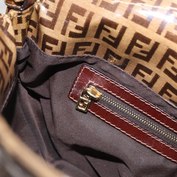 FENDI Zucchino Canvas Mamma Baguette Shoulder Bag PVC Brown Gold Auth 165168