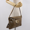 FENDI Zucchino Canvas Mamma Baguette Shoulder Bag PVC Brown Gold Auth 165168-25