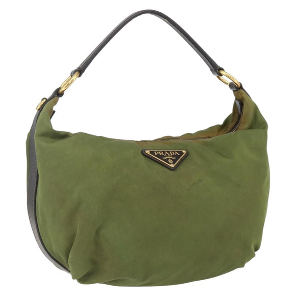 PRADA Shoulder Bag Nylon Leather Khaki Gold Auth 165173