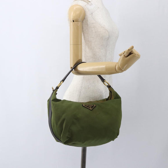 PRADA Shoulder Bag Nylon Leather Khaki Gold Auth 165173
