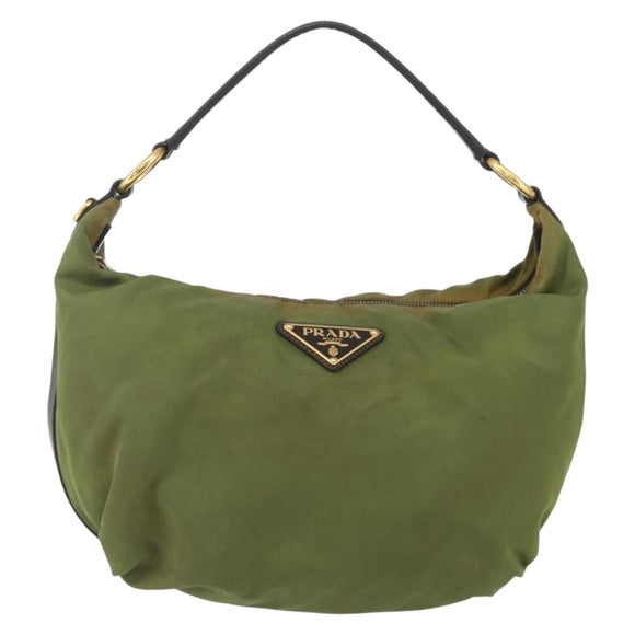 PRADA Shoulder Bag Nylon Leather Khaki Gold Auth 165173