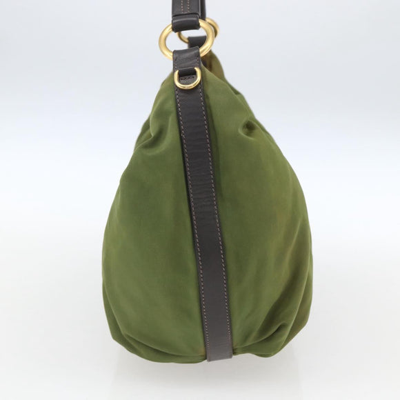 PRADA Shoulder Bag Nylon Leather Khaki Gold Auth 165173