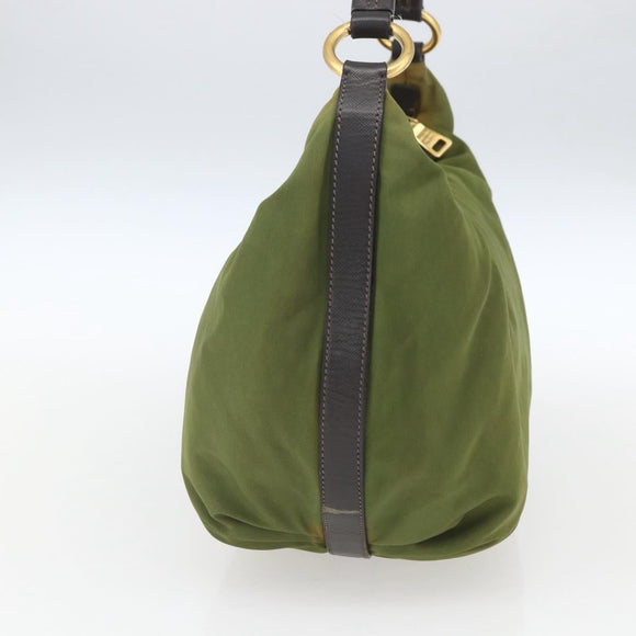 PRADA Shoulder Bag Nylon Leather Khaki Gold Auth 165173